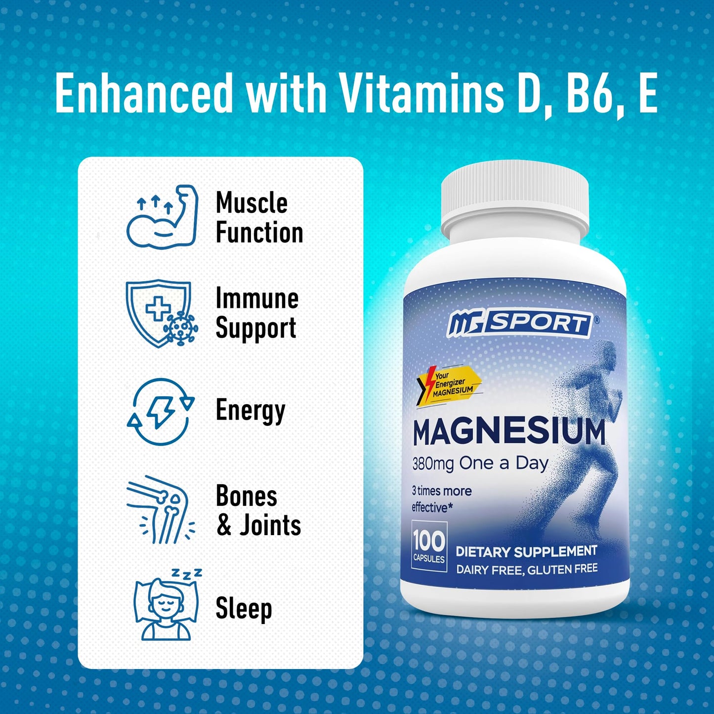 MGSPORT Magnesium Supplement Complex – High Absorption with Vitamin B6, D & E | 100 Servings