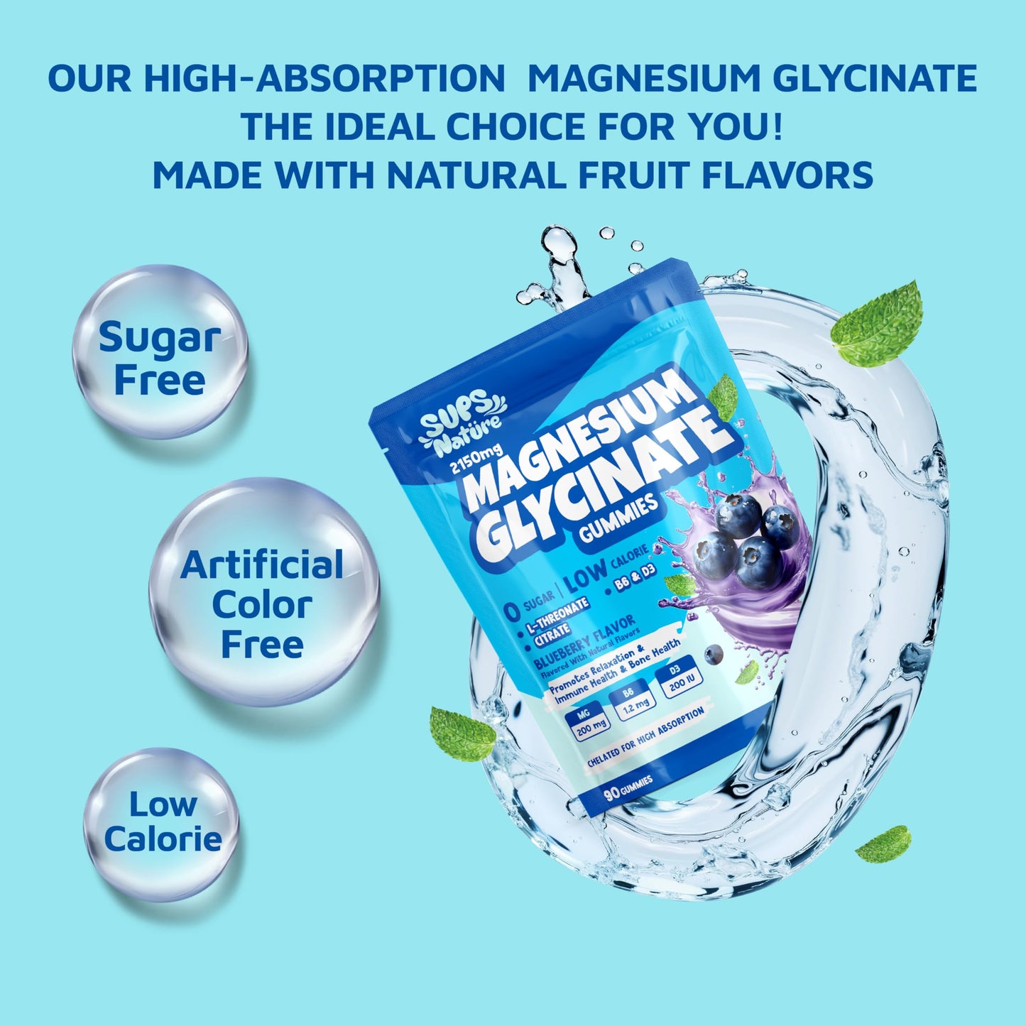 Magnesium Glycinate Gummies 2150 mg with L-Threonate – Blueberry, 90 Count (Adults)