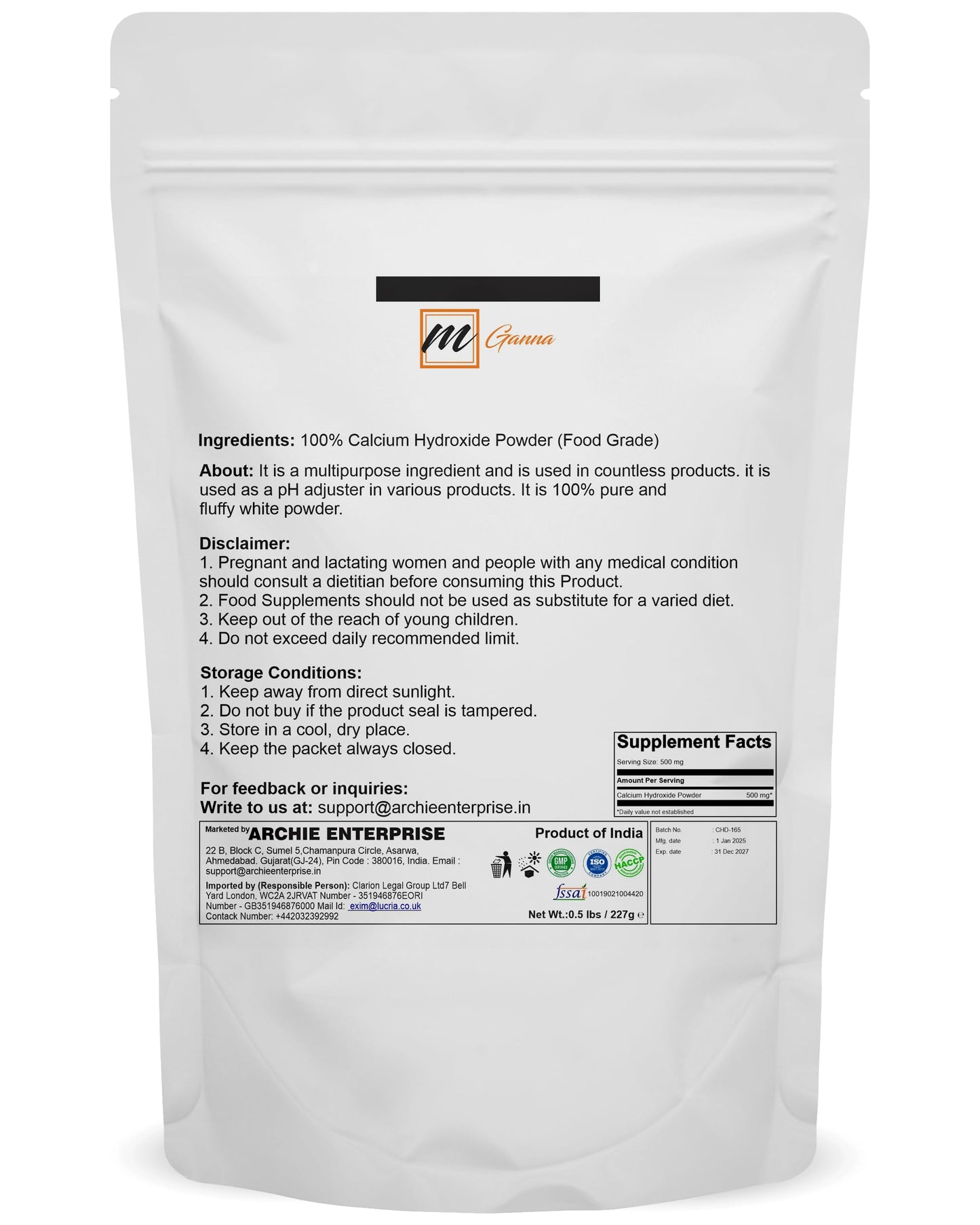 mGanna 100% Natural Calcium Hydroxide Powder - Food & Cosmetics (227 GMS)