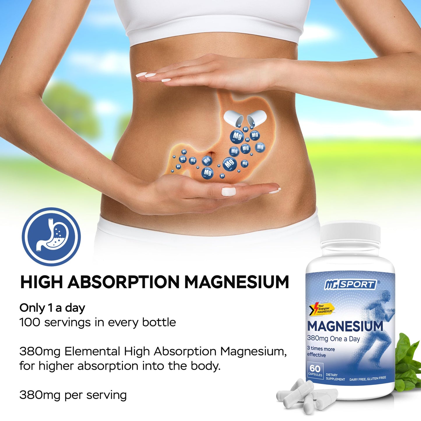MGSPORT Magnesium Supplement Complex – High Absorption with B6, D & E | Leg Cramps & Muscle Support (60 Servings)