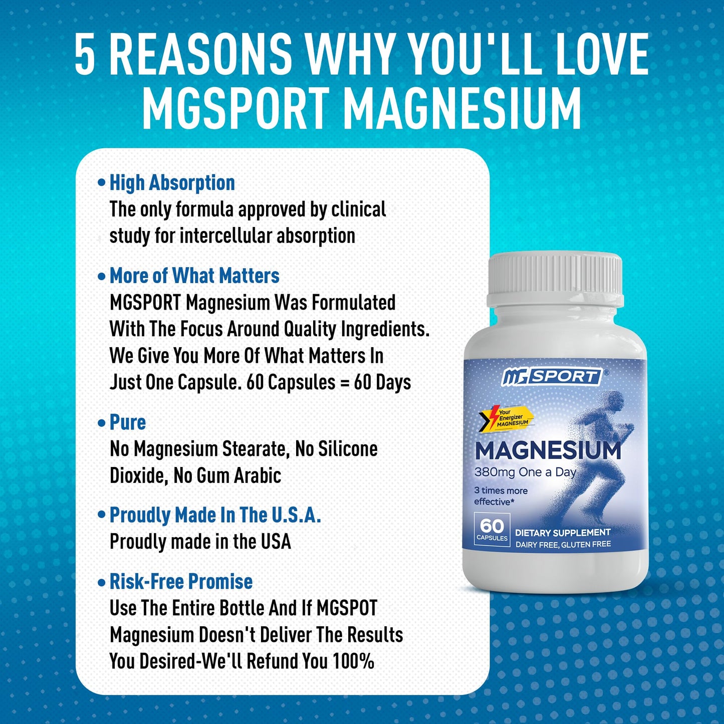 MGSPORT Magnesium Supplement Complex – High Absorption with B6, D & E | Leg Cramps & Muscle Support (60 Servings)