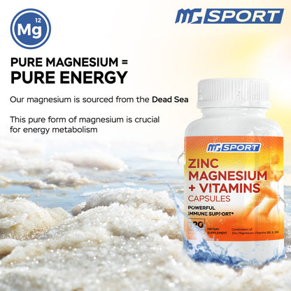 MgSport Magnesium Zinc Supplement with Vitamins B6 & B9 - Immune Support & Muscle Recovery | EZ-MG Easy on Stomach, 120 Capsules