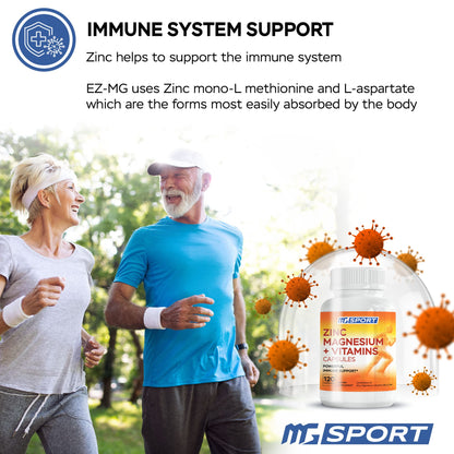 MgSport Magnesium Zinc Supplement with Vitamins B6 & B9 - Immune Support & Muscle Recovery | EZ-MG Easy on Stomach, 120 Capsules