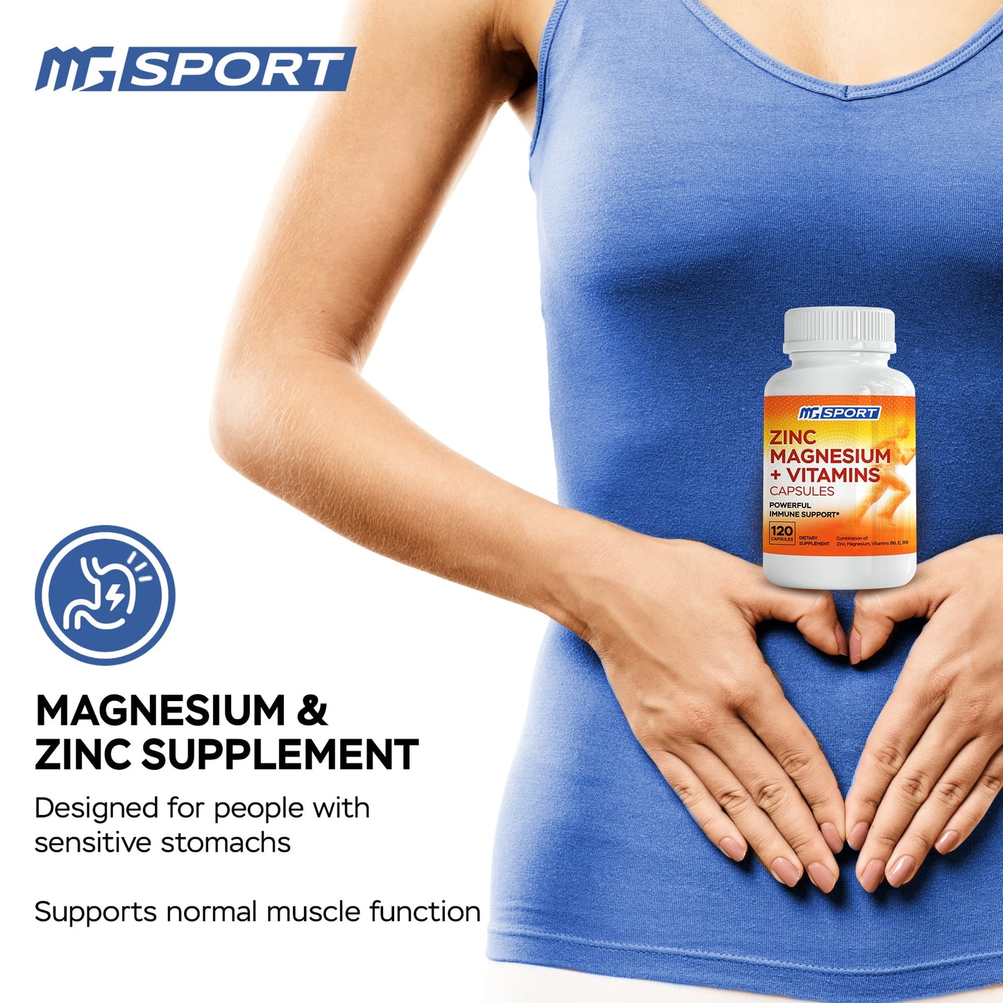 MgSport Magnesium Zinc Supplement with Vitamins B6 & B9 - Immune Support & Muscle Recovery | EZ-MG Easy on Stomach, 120 Capsules