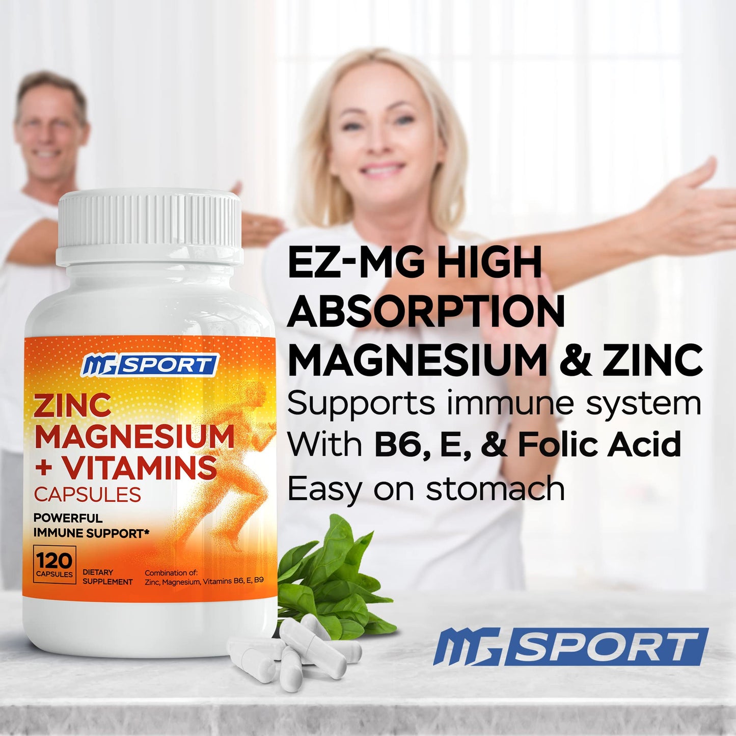 MgSport Magnesium Zinc Supplement with Vitamins B6 & B9 - Immune Support & Muscle Recovery | EZ-MG Easy on Stomach, 120 Capsules