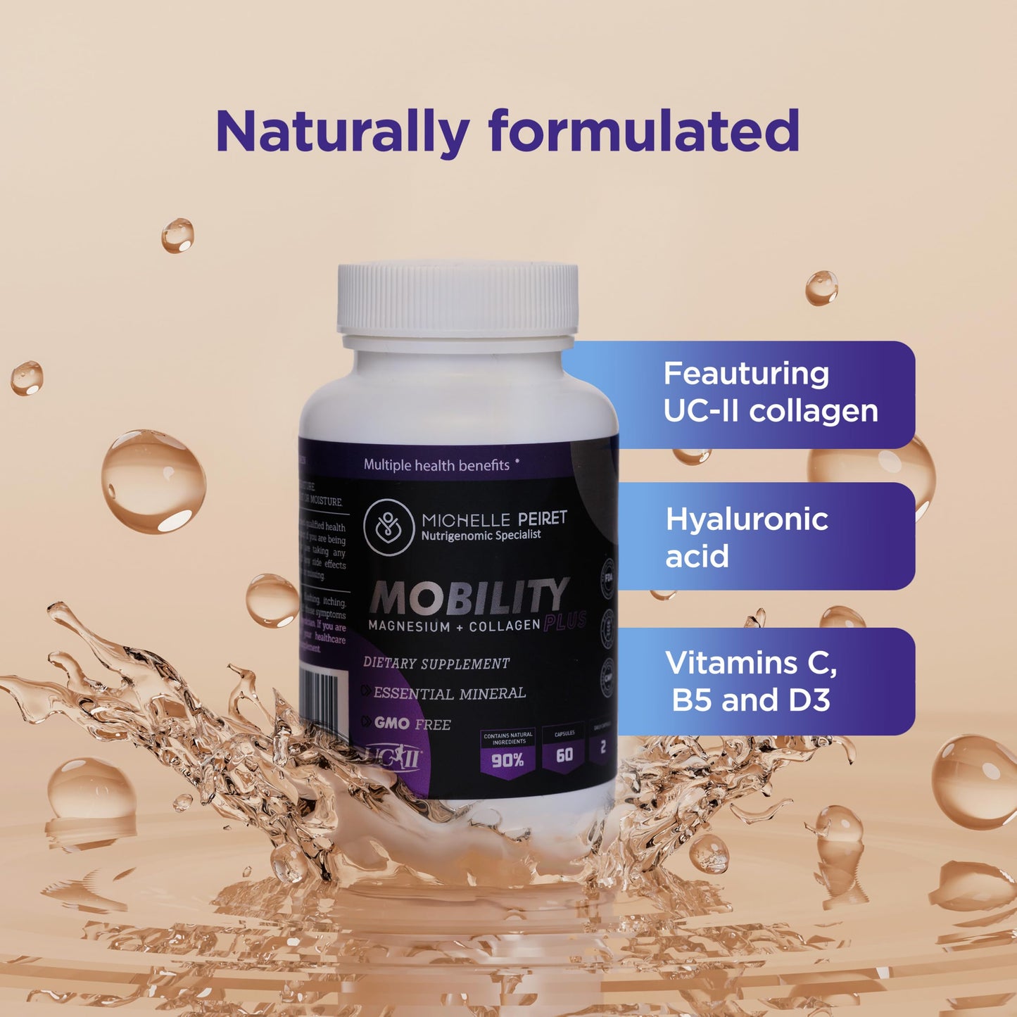 Michelle Peiret Mobility - Magnesium + Collagen Supplement with Hyaluronic Acid & Vitamin C | Gluten-Free & Non-GMO | 60 Capsules