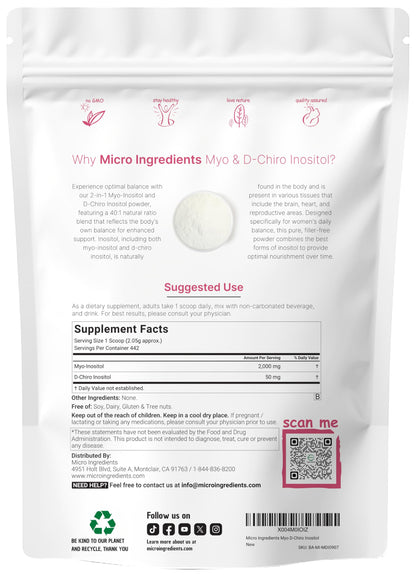 Micro Ingredients Myo-Inositol & D-Chiro Inositol Powder, 2 lb (442 Servings) | 40:1 Ratio for Women | Supports Hormonal Balance & Ovarian Health | Vegan, Non-GMO
