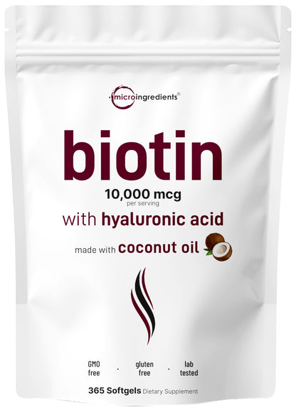 Biotin 10,000mcg + Hyaluronic Acid 25mg Softgels | Virgin Coconut Oil 365-Count