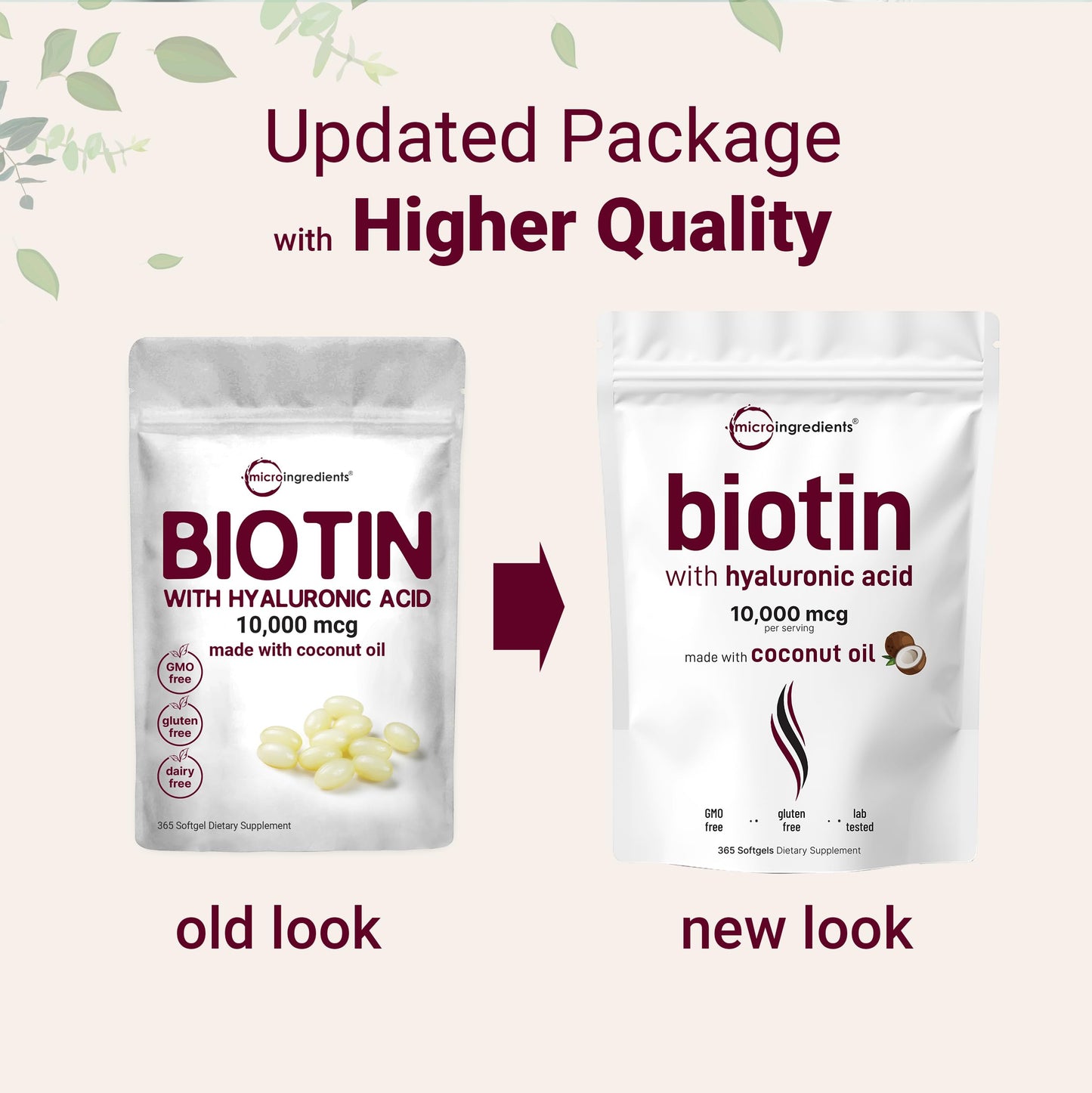 Biotin 10,000mcg + Hyaluronic Acid 25mg Softgels | Virgin Coconut Oil 365-Count