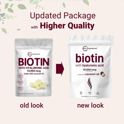 Biotin 10,000mcg + Hyaluronic Acid 25mg Softgels | Virgin Coconut Oil 365-Count