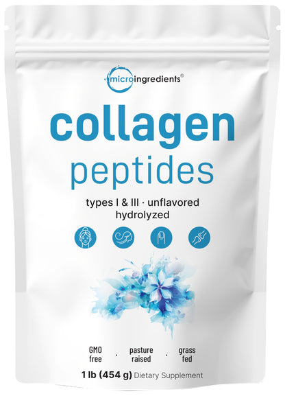 Micro Ingredients Bovine Collagen Peptides Powder 1lb – Grass-Fed, Unflavored, Type I & III | Skin, Joints & Bones Support | Paleo, Non-GMO