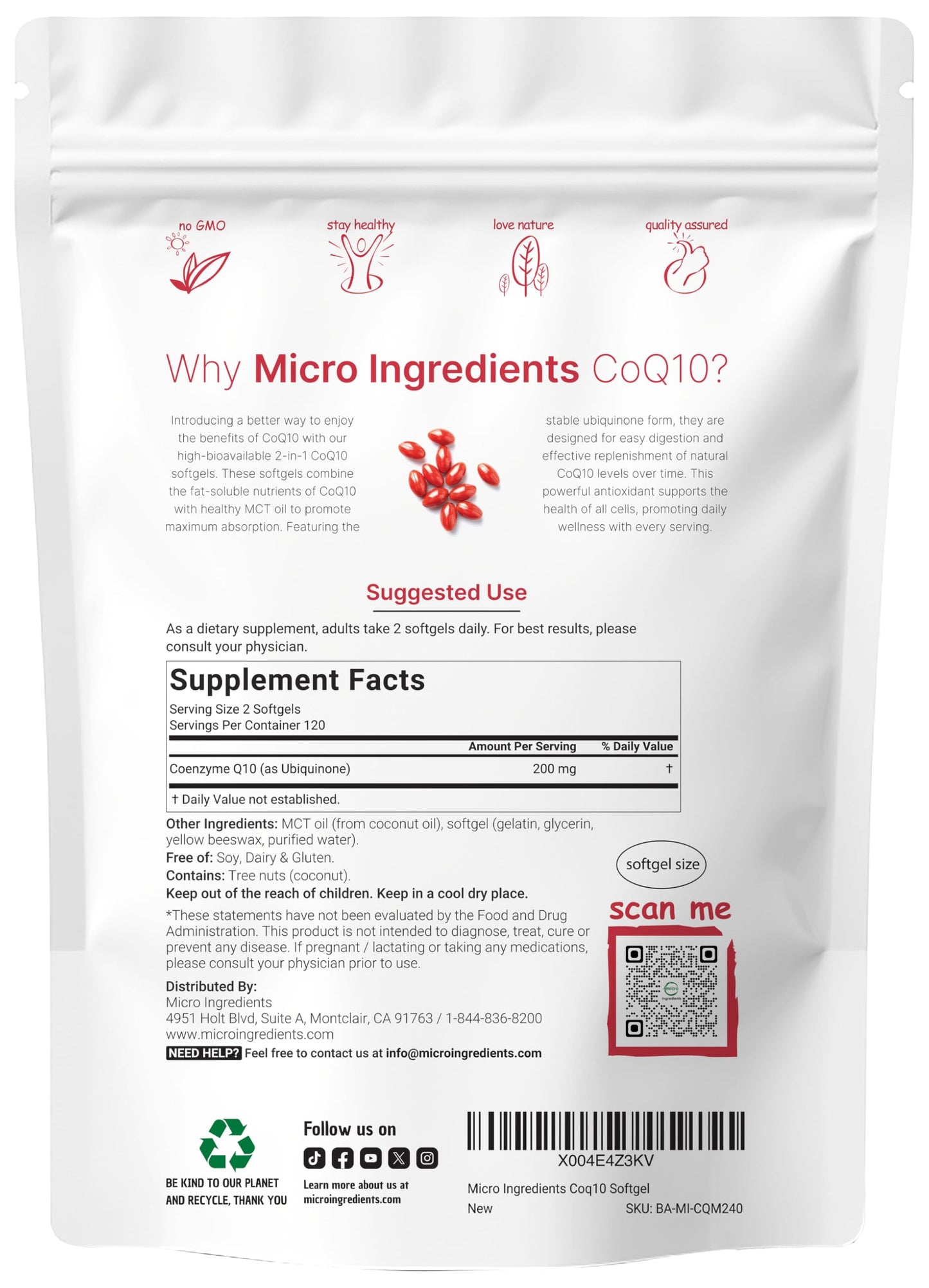Micro Ingredients CoQ10 200mg Softgels with Coconut MCT Oil – 240 Softgels | High Absorption Ubiquinone