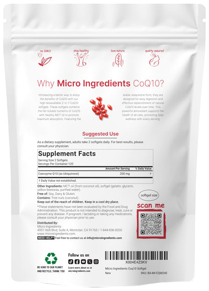 Micro Ingredients CoQ10 200mg Softgels with Coconut MCT Oil – 240 Softgels | High Absorption Ubiquinone