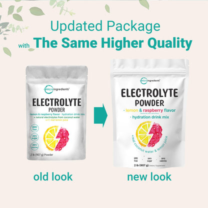 Micro Ingredients Electrolyte Powder, 2 lbs (139 Servings) – Lemon Raspberry Flavor | 1,000mg Potassium | No Sugar | Keto | Non-GMO