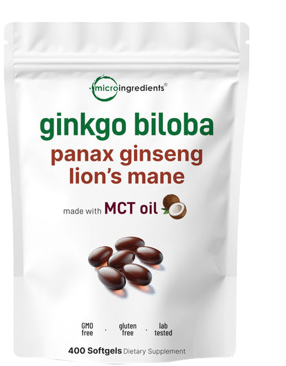 Micro Ingredients Ginkgo Biloba & Ginseng, 400 Softgels | 6 Month Supply | Triple Strength Ginkgo Biloba & Lions Mane Supplement