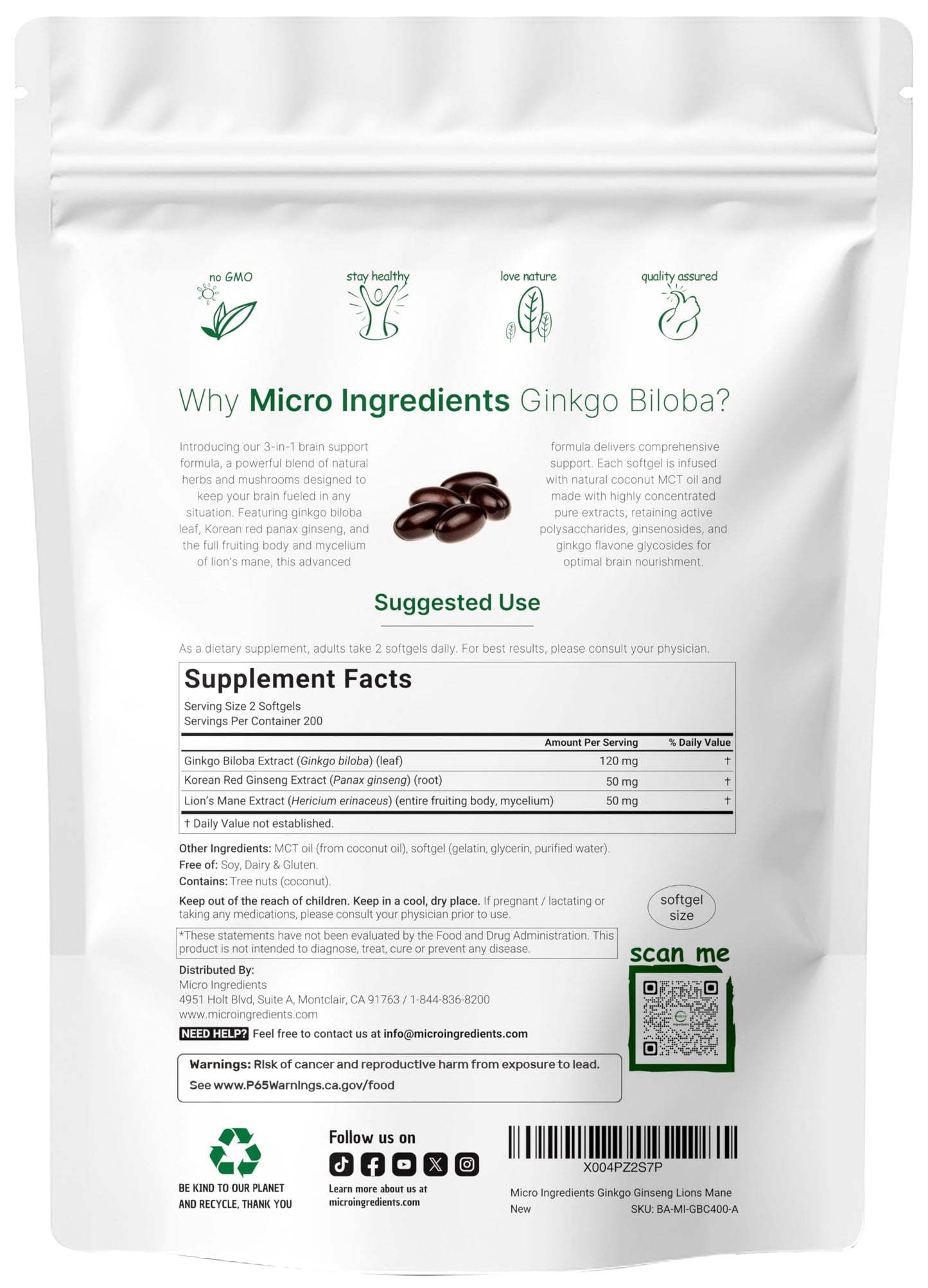 Micro Ingredients Ginkgo Biloba & Ginseng, 400 Softgels | 6 Month Supply | Triple Strength Ginkgo Biloba & Lions Mane Supplement