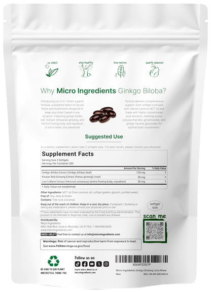 Micro Ingredients Ginkgo Biloba & Ginseng, 400 Softgels | 6 Month Supply | Triple Strength Ginkgo Biloba & Lions Mane Supplement