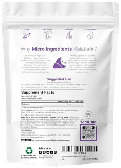 Micro Ingredients Melatonin 10mg – 400 Tablets | Strawberry Flavor | Fast Dissolve | Vegan & Non-GMO
