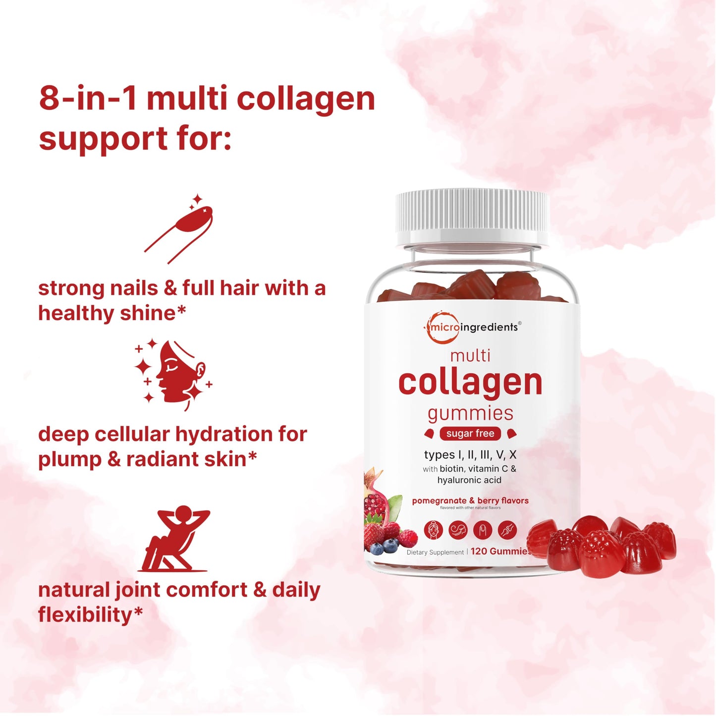 Micro Ingredients Multi Collagen Gummies 120 – 8-in-1 (I–X) with Biotin, Hyaluronic Acid & Vitamin C | Pomegranate Berry