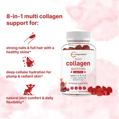 Micro Ingredients Multi Collagen Gummies 120 – 8-in-1 (I–X) with Biotin, Hyaluronic Acid & Vitamin C | Pomegranate Berry