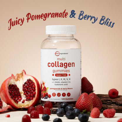 Micro Ingredients Multi Collagen Gummies 120 – 8-in-1 (I–X) with Biotin, Hyaluronic Acid & Vitamin C | Pomegranate Berry