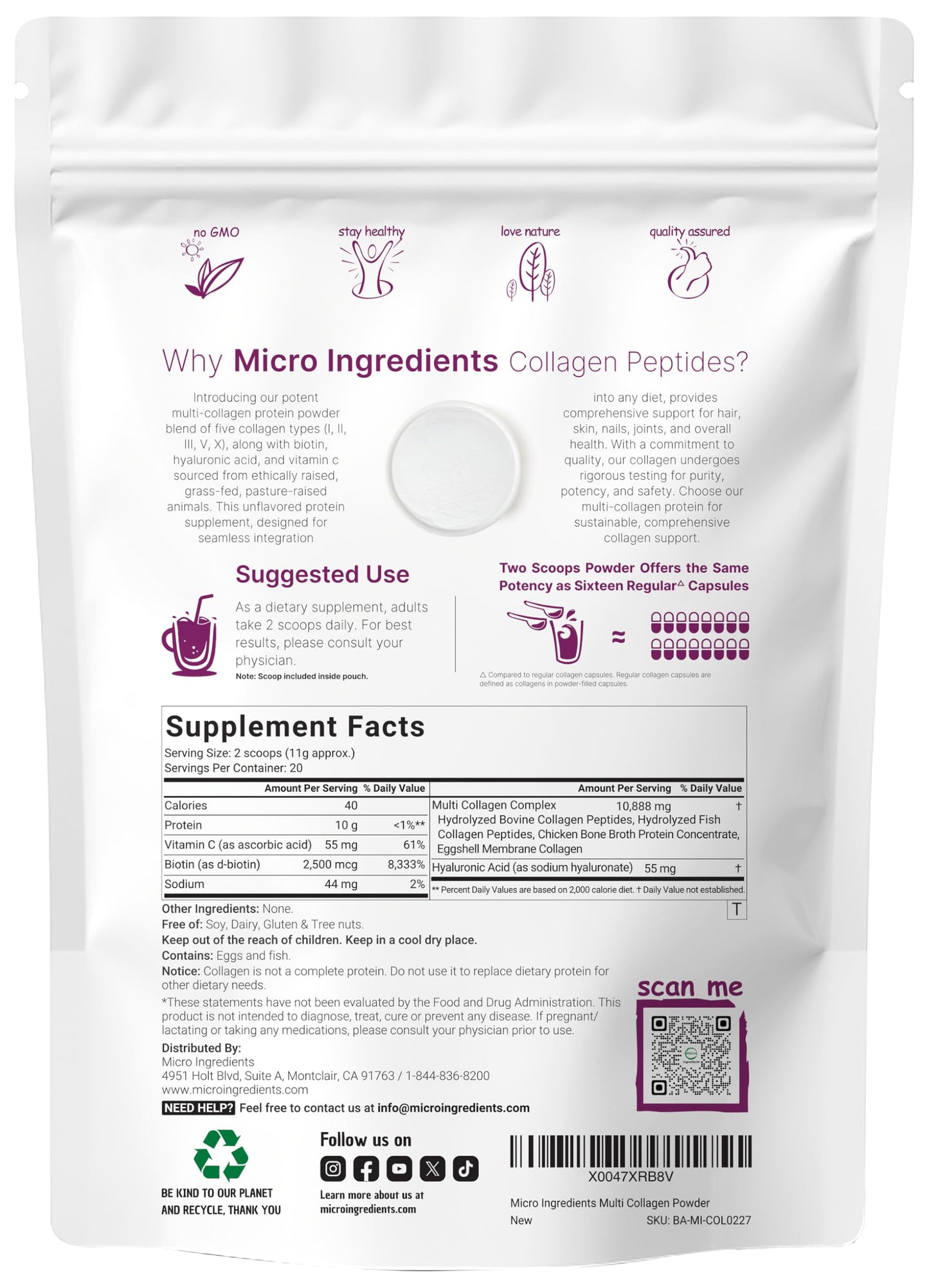 Micro Ingredients Multi Collagen Peptides Powder 8oz – Unflavored | Hair, Skin & Joint Support