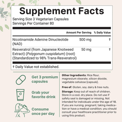 Micro Ingredients NAD+ 500mg with Resveratrol - 240 Veggie Capsules | Anti-Aging, Energy & Brain Support