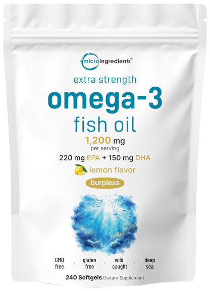 Micro Ingredients Omega-3 1200mg Softgels – 240 Count, Lemon | EPA 220mg + DHA 150mg