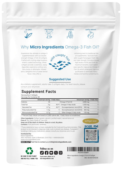 Micro Ingredients Omega-3 Fish Oil 3,000mg | 240 Softgels | Lemon