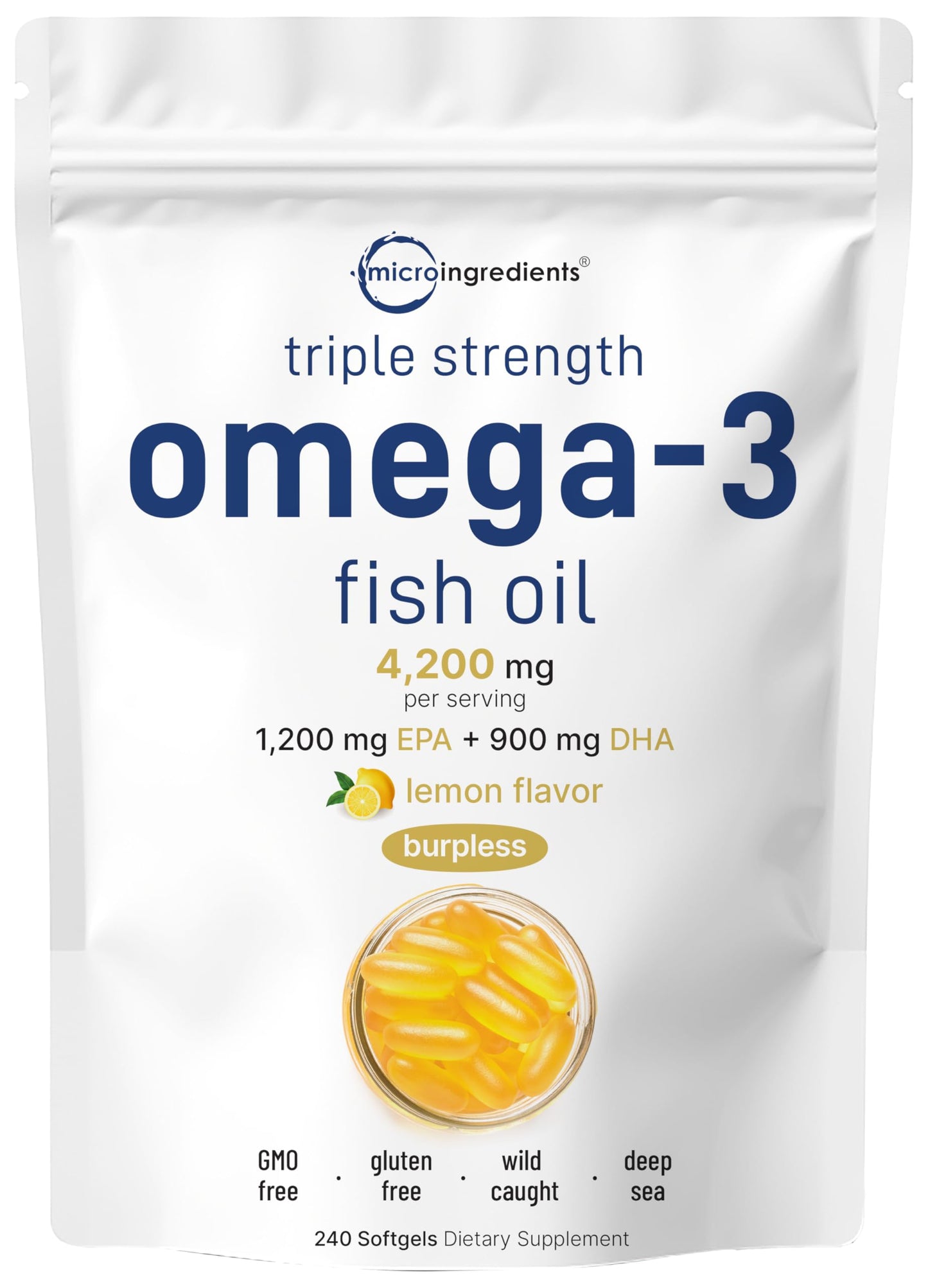 Micro Ingredients Triple Strength Omega-3 Fish Oil – 4200mg/Serving, 240 Softgels (Lemon, Burpless) | EPA 1200mg + DHA 900mg