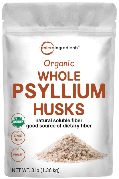 Micro Ingredients Organic Whole Psyllium Husks - 3lbs | Digestive Health, Non-GMO, Keto & Vegan | India Origin