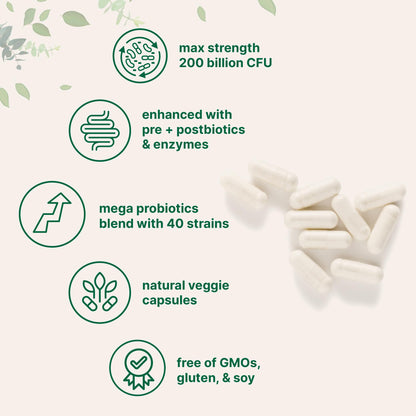 Micro Ingredients Probiotics 200 Billion CFU, 120 Veggie Capsules | Mega Probiotics for Men & Women | 40 Strains with Prebiotics, Postbiotics & Digestive Enzymes | Gut, Immune & Digestive Health