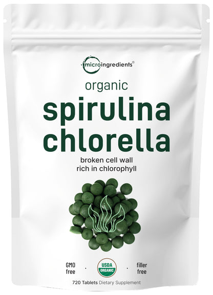 Micro Ingredients Organic Spirulina & Chlorella Tablets – 720 (4 Month) | Cracked Cell Wall | Vegan Protein & Chlorophyll