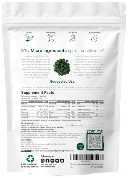 Micro Ingredients Organic Spirulina & Chlorella Tablets – 720 (4 Month) | Cracked Cell Wall | Vegan Protein & Chlorophyll