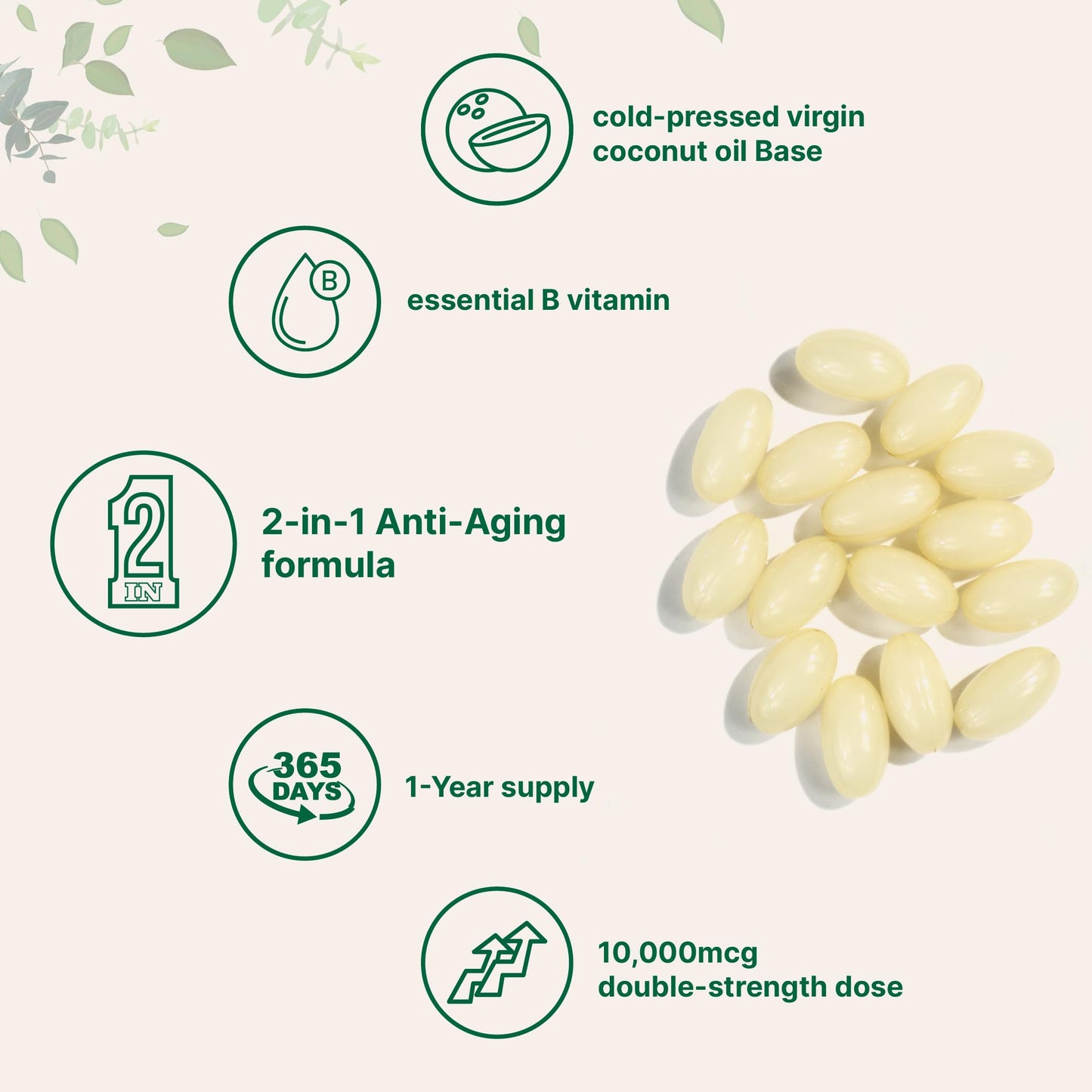 Biotin 10,000mcg + Hyaluronic Acid 25mg Softgels | Virgin Coconut Oil 365-Count