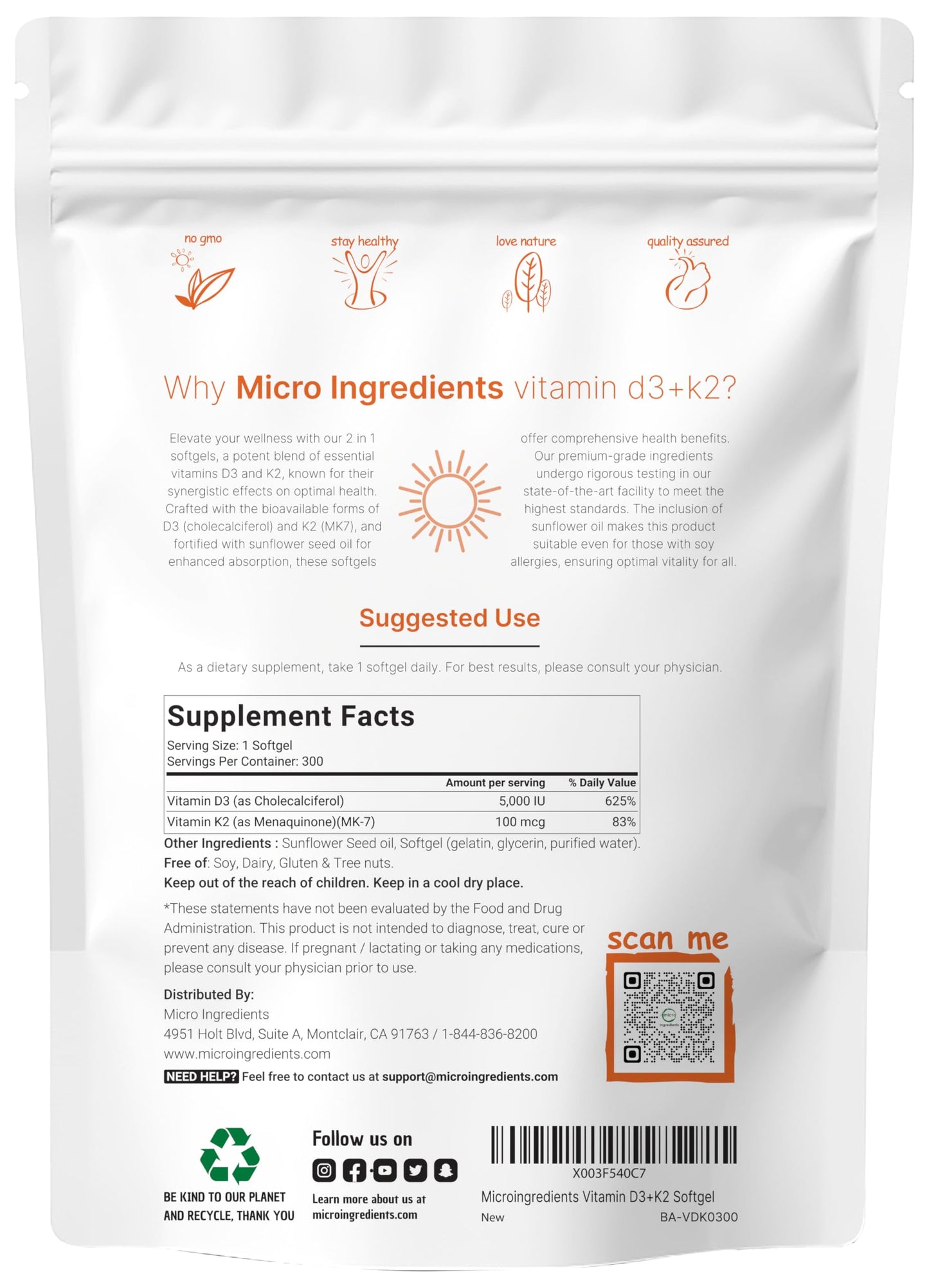Vitamin D3 5000 IU + K2 MK-7 100 mcg – 300 Softgels | 2-in-1 D & K Complex