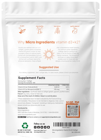 Vitamin D3 5000 IU + K2 MK-7 100 mcg – 300 Softgels | 2-in-1 D & K Complex