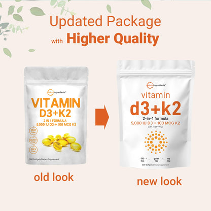 Vitamin D3 5000 IU + K2 MK-7 100 mcg – 300 Softgels | 2-in-1 D & K Complex