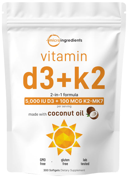 Vitamin D3 5000 IU + K2 MK-7 100 mcg – 300 Softgels, Virgin Coconut Oil