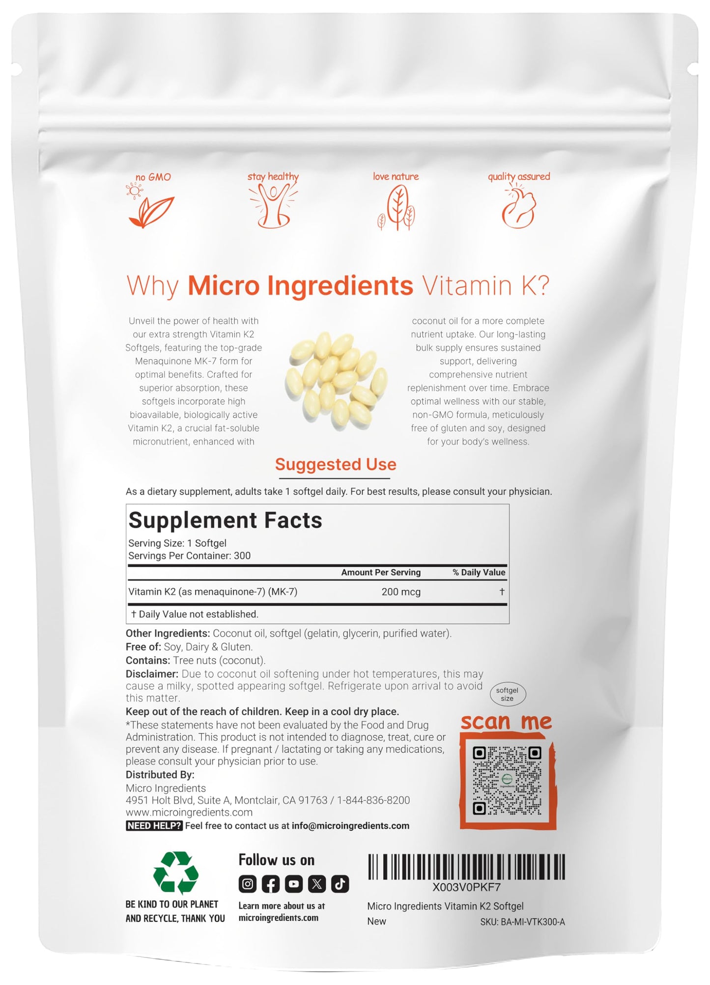 Micro Ingredients Vitamin K2 MK-7 Supplement – 200 mcg per Serving, 300 Coconut Oil Softgels, Non-GMO