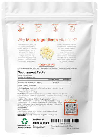 Micro Ingredients Vitamin K2 MK-7 Supplement – 200 mcg per Serving, 300 Coconut Oil Softgels, Non-GMO