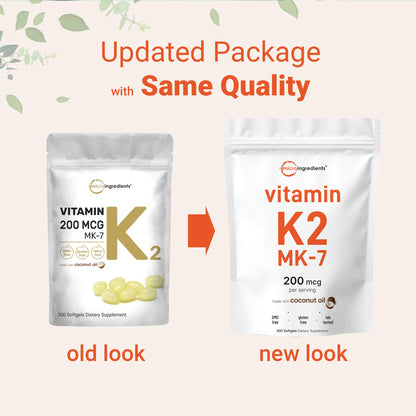 Micro Ingredients Vitamin K2 MK-7 Supplement – 200 mcg per Serving, 300 Coconut Oil Softgels, Non-GMO