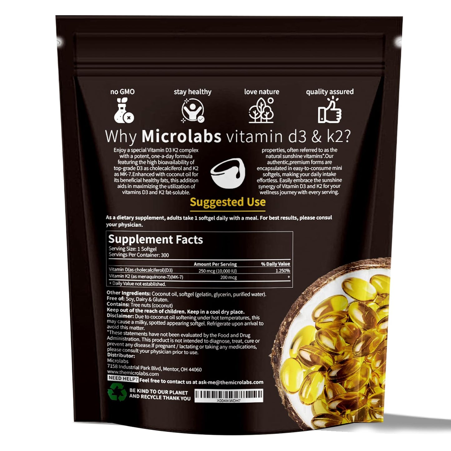 MicroLabs D3 K2 Softgels – 10000 IU D3 + 200 mcg K2, 2-in-1 Vitamin D3 K2, 300 Softgels/Pack