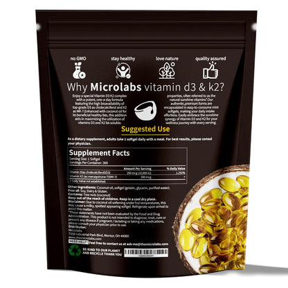 MicroLabs D3 K2 Softgels – 10000 IU D3 + 200 mcg K2, 2-in-1 Vitamin D3 K2, 300 Softgels/Pack