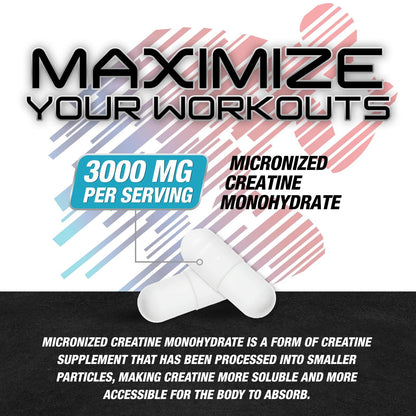 Creatine Monohydrate Capsules 3000mg – Micronized, Fast-Absorbing | 120 Caps