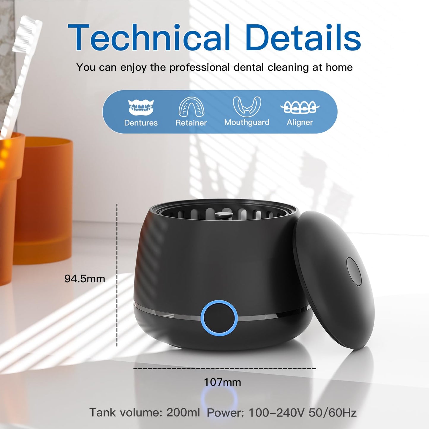 Midomi Ultrasonic Retainer Cleaner - 45kHz, 5/10 Min Modes, USB-C UV Lid, 200ml Pod (Black)