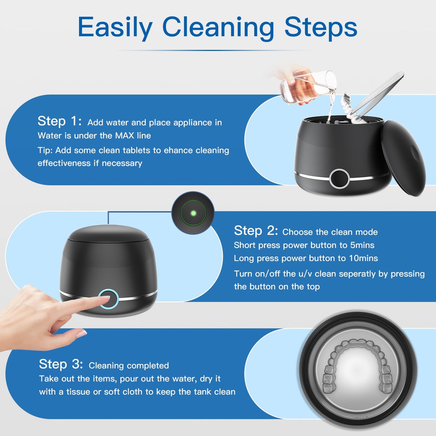 Midomi Ultrasonic Retainer Cleaner - 45kHz, 5/10 Min Modes, USB-C UV Lid, 200ml Pod (Black)