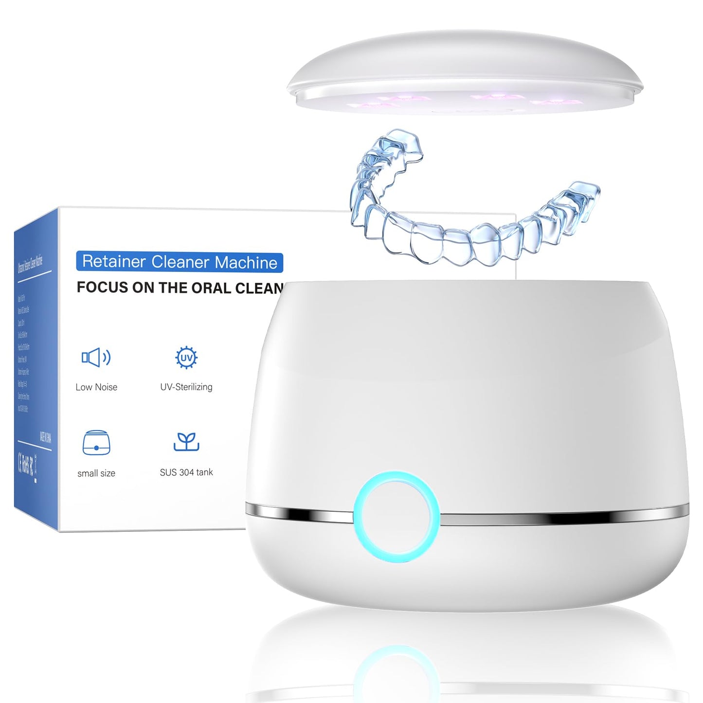 Midomi Ultrasonic Retainer Cleaner 45kHz (White) | 5min/10min Modes | USB-C Rechargeable UV Lid