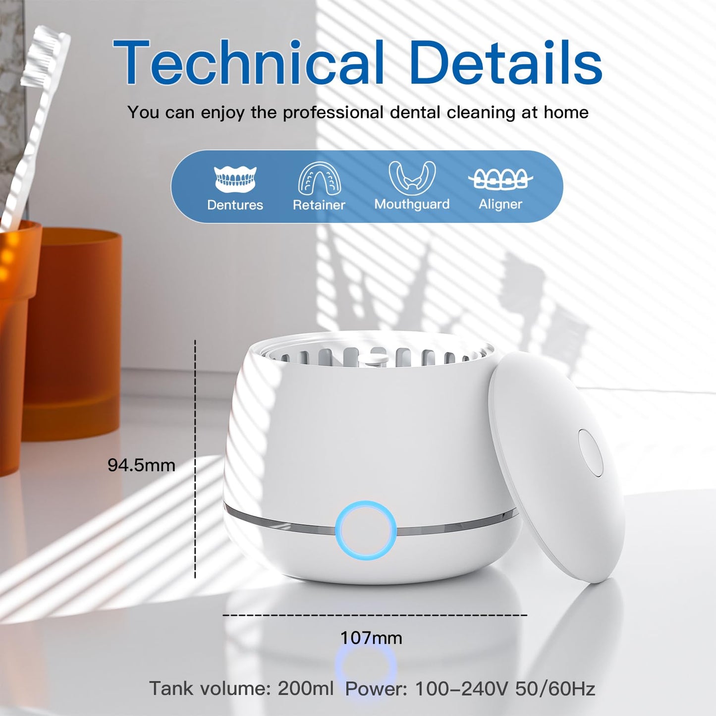 Midomi Ultrasonic Retainer Cleaner 45kHz (White) | 5min/10min Modes | USB-C Rechargeable UV Lid