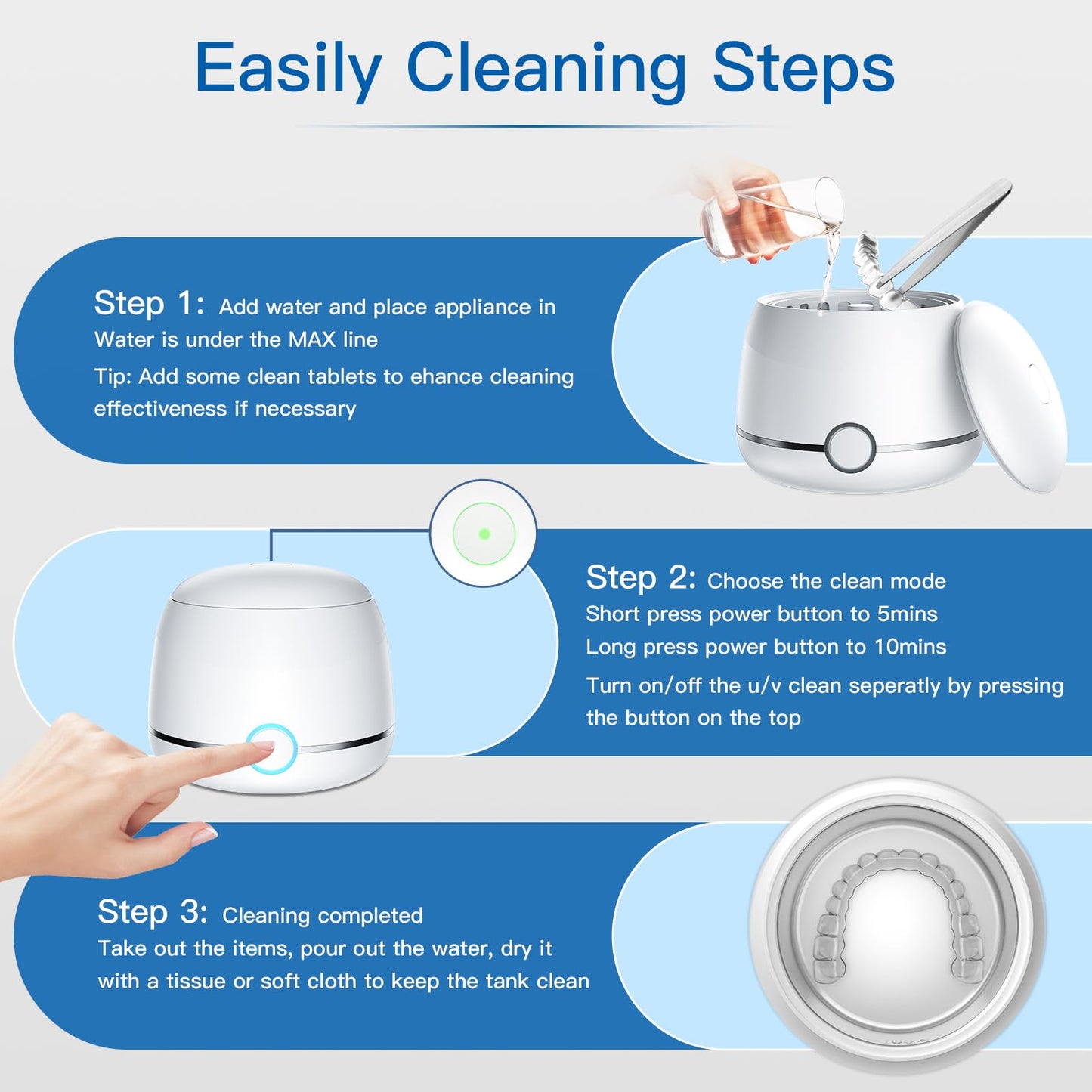 Midomi Ultrasonic Retainer Cleaner 45kHz (White) | 5min/10min Modes | USB-C Rechargeable UV Lid